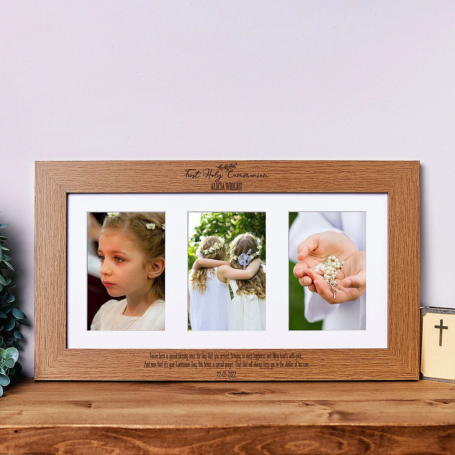 Personalised First Holy Communion Wooden Triple Photo 6 x 4 Frame Engraved Brown Oak Finish ukgiftstoreonline