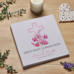 Personalised Communion Large Linen Cover Photo Album With Pink Cross ukgiftstoreonline