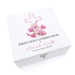 Personalised First Holy Communion Wooden Keepsake Memory Box Pink Cross ukgiftstoreonline
