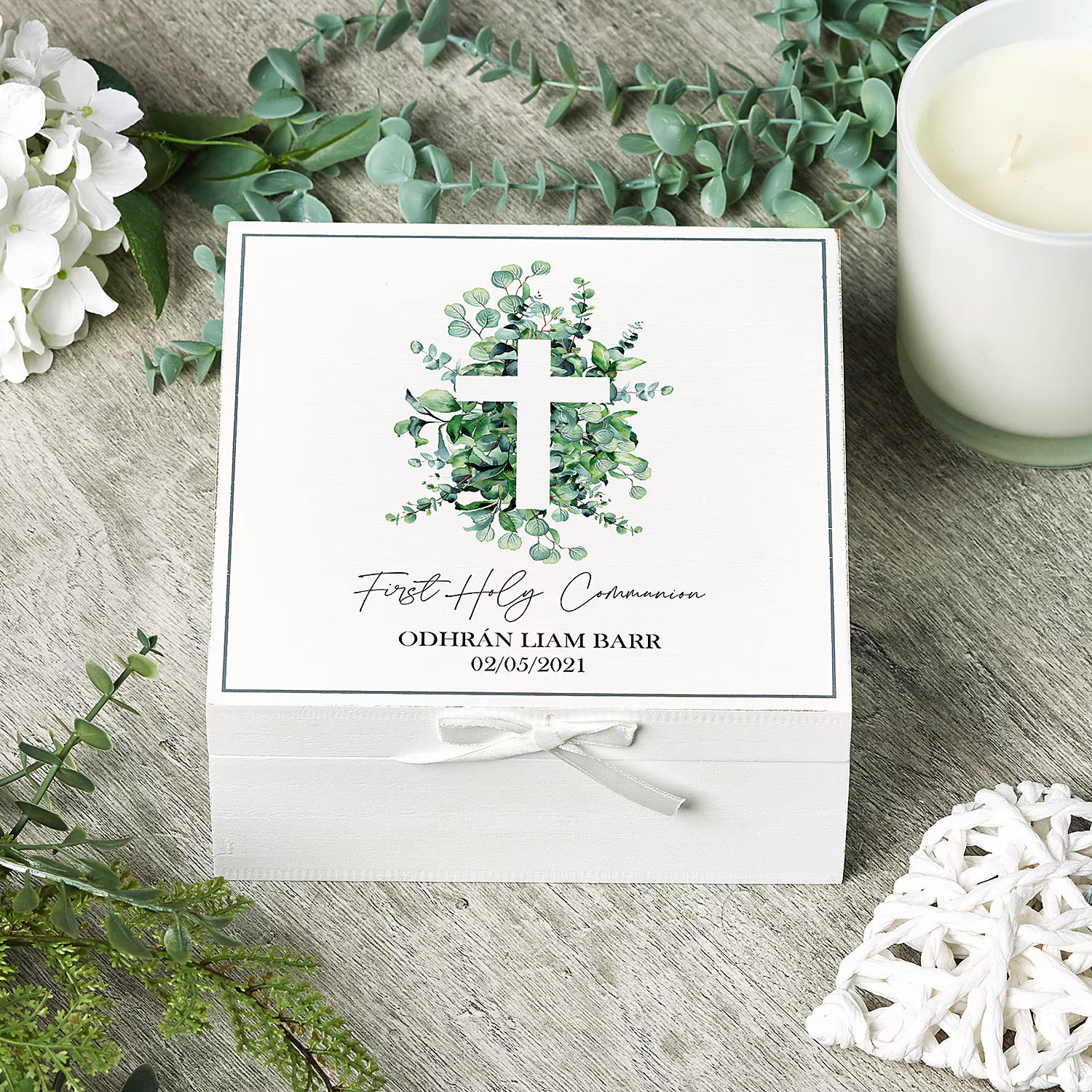 Personalised Holy Communion Vintage Wooden Box Gift With Leaf Cross ukgiftstoreonline