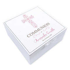 Personalised Communion Day Vintage Wooden Box Gift With Pink Cross ukgiftstoreonline
