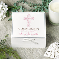 Personalised Communion Day Vintage Wooden Box Gift With Pink Cross ukgiftstoreonline
