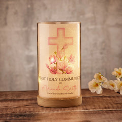 Personalised Holy Communion Lamp Light Up Gift With Floral Pink Cross ukgiftstoreonline