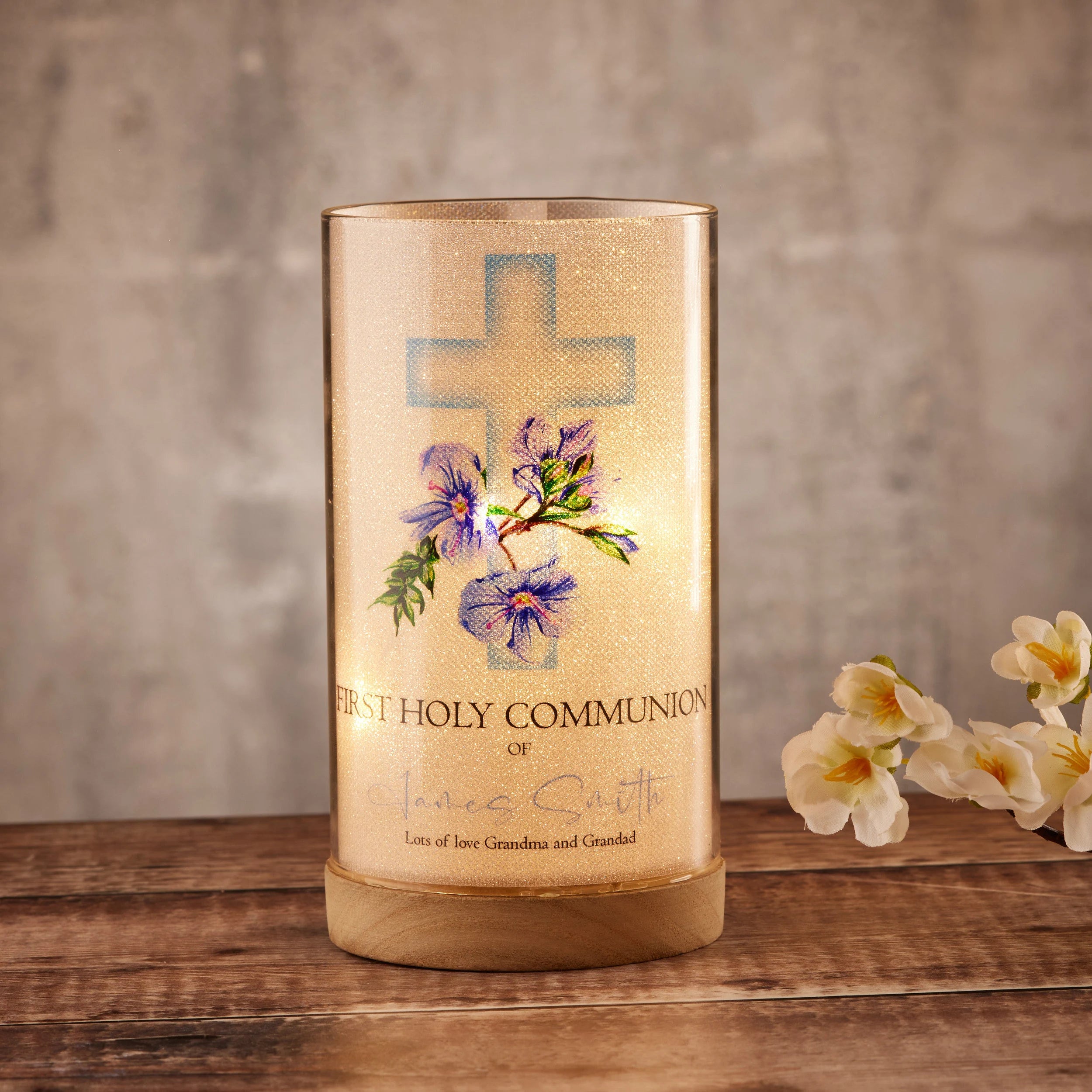 Personalised Holy Communion Lamp Light Up Gift With Floral Blue Cross ukgiftstoreonline