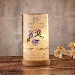 Personalised Holy Communion Lamp Light Up Gift With Floral Blue Cross ukgiftstoreonline
