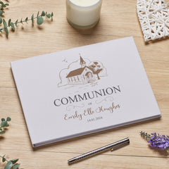 Large Personalised Communion Guest Book Linen Cover With Church Design ukgiftstoreonline