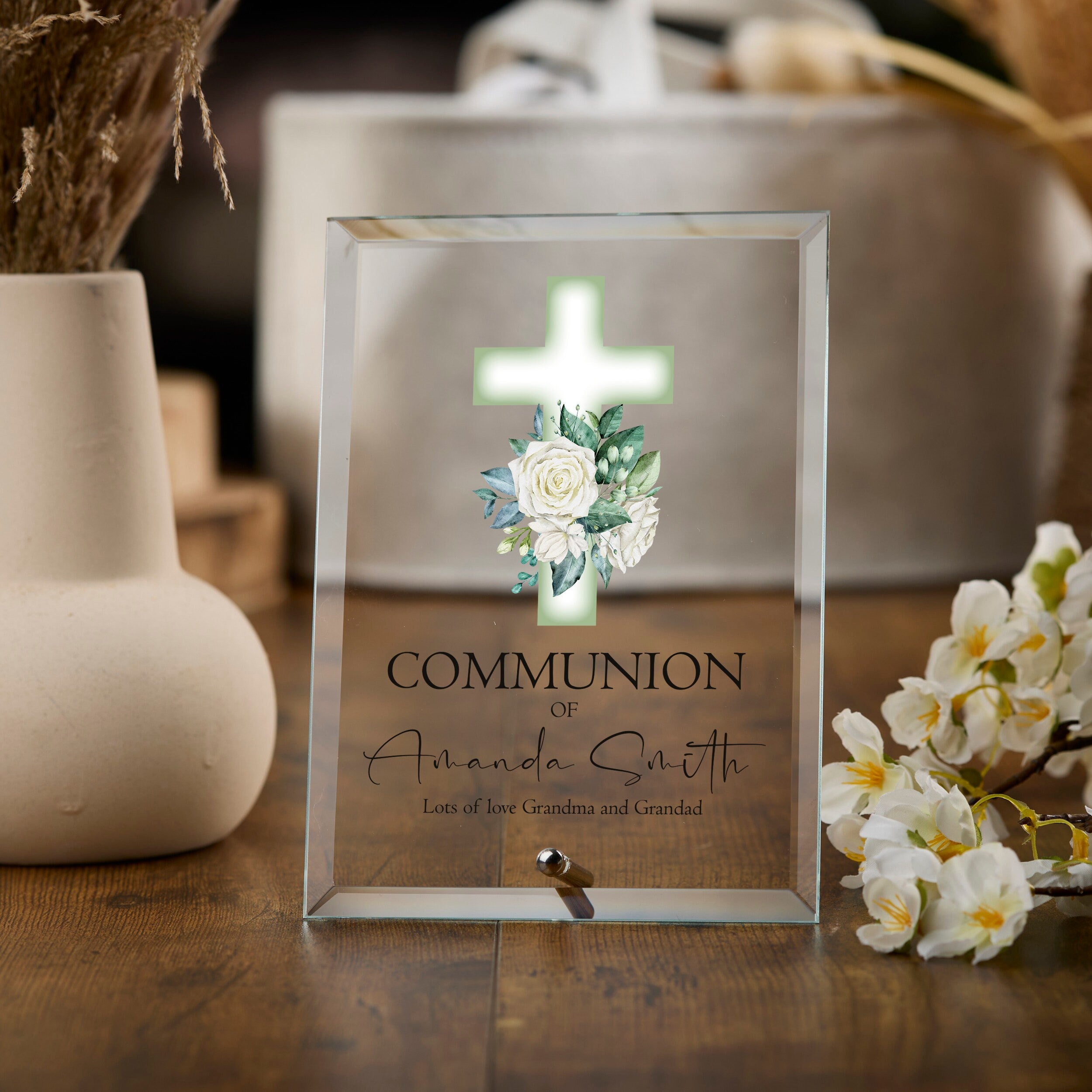 Personalised Communion Keepsake Plaque Gift With Green Floral Cross ukgiftstoreonline