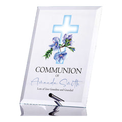 Personalised Communion Keepsake Plaque Gift With Blue Floral Cross ukgiftstoreonline