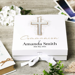 Personalised Communion Silver Cross Keepsake Memory Box Gift ukgiftstoreonline
