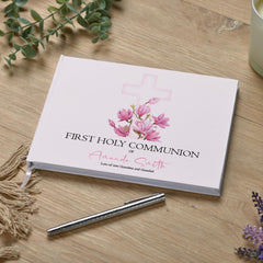 Personalised Communion Lined Guestbook 80 Pages With Pink Cross ukgiftstoreonline