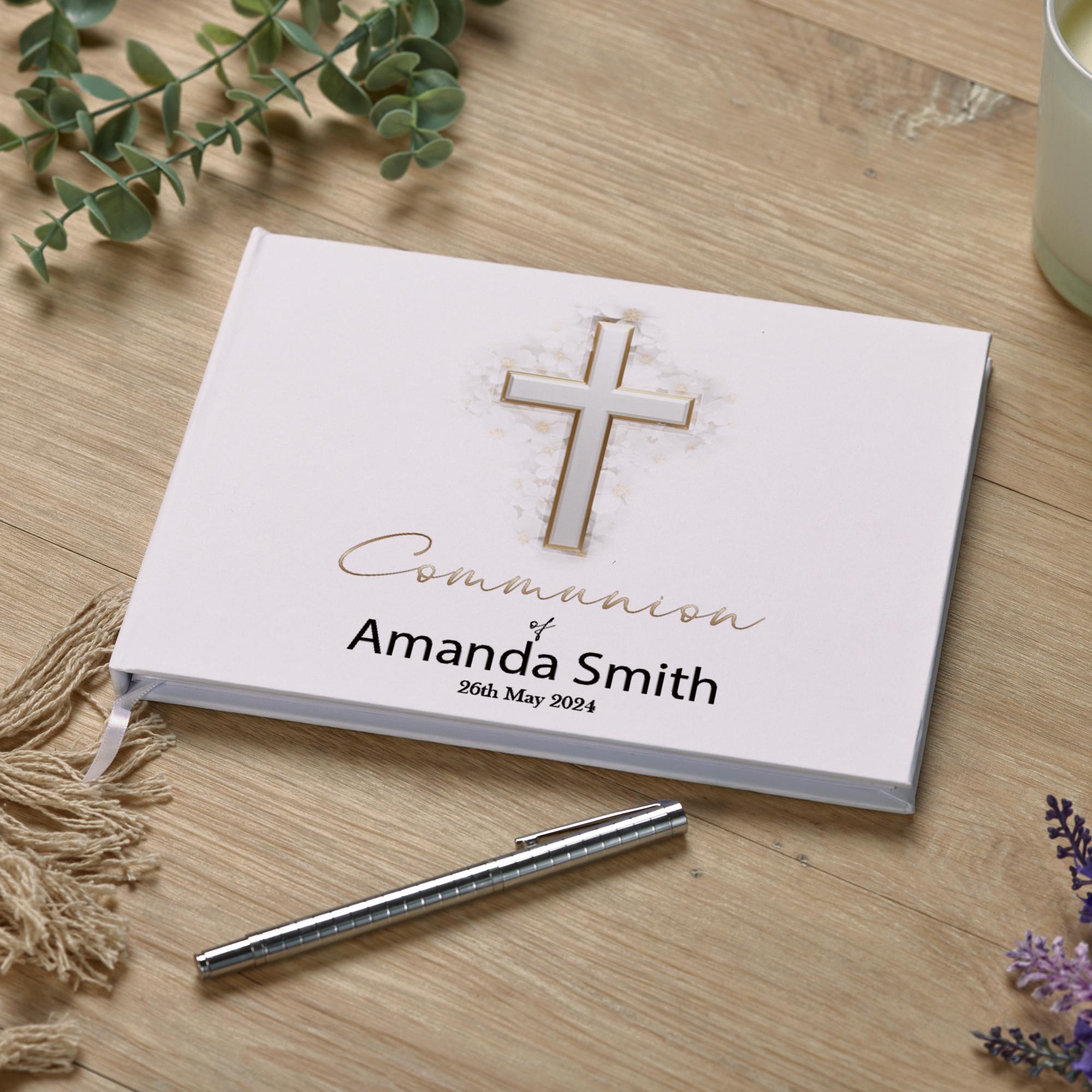 Personalised Communion Guest Book With Silver Cross ukgiftstoreonline