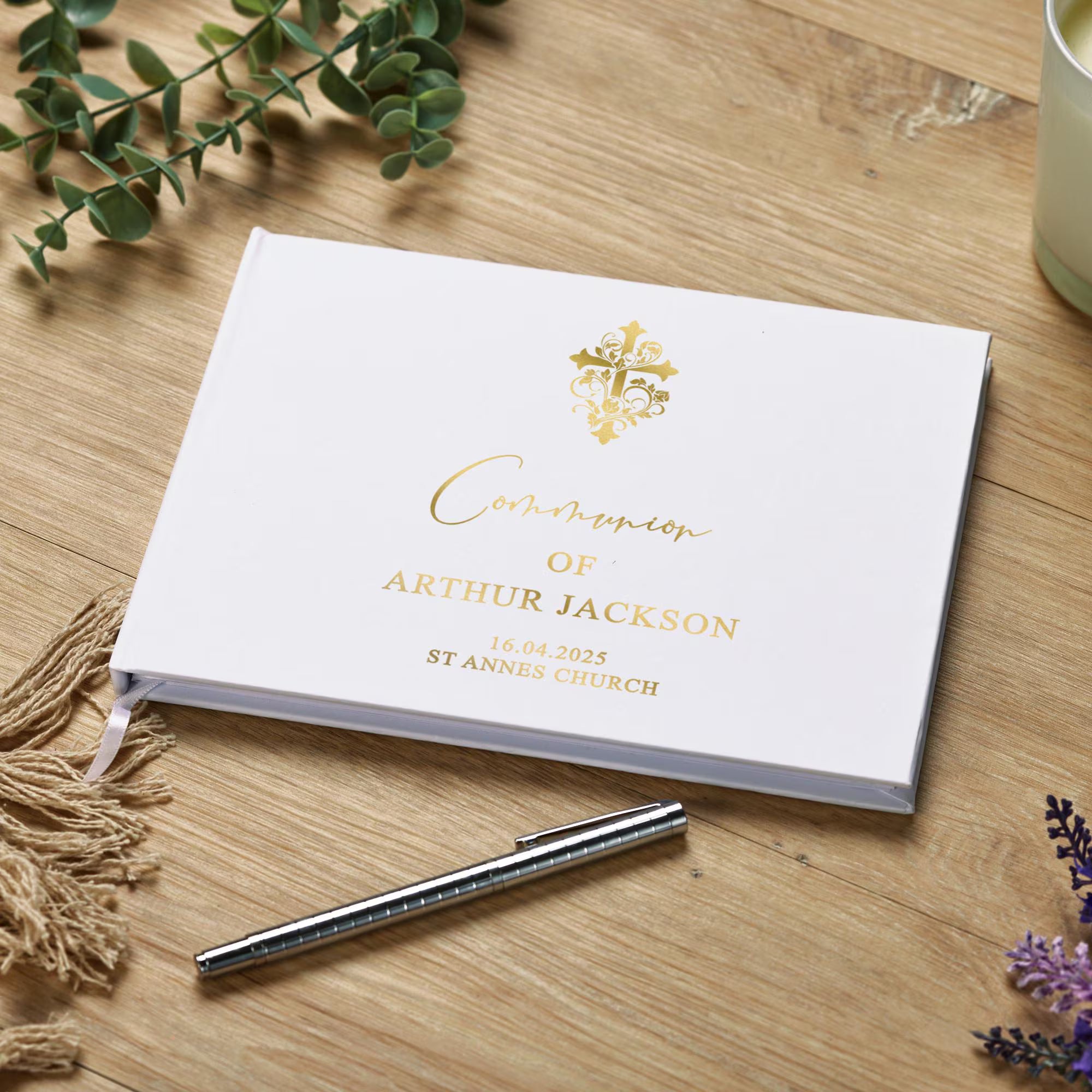 Personalised Communion Lined Guest Book With Cross and Gold Print ukgiftstoreonline