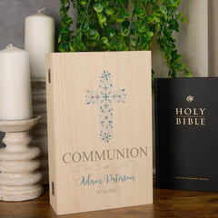 Personalised Communion Wooden Keepsake Memory Book Blue Cross ukgiftstoreonline