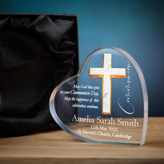 Personalised Communion Heart Block With Marble Cross In Gift Box ukgiftstoreonline