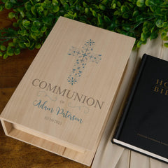 Personalised Communion Wooden Keepsake Memory Book Blue Cross ukgiftstoreonline