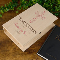 Personalised Communion Wooden Keepsake Memory Book Pink Cross ukgiftstoreonline
