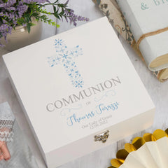 Personalised Communion Blue Ornate Cross Design Keepsake Wooden Box ukgiftstoreonline