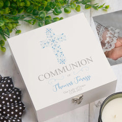 Personalised Communion Blue Ornate Cross Design Keepsake Wooden Box ukgiftstoreonline