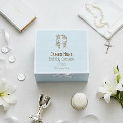 Personalised Holy Communion Blue Wooden Engraved Keepsake Box With Cross Design ukgiftstoreonline