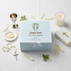 Personalised Holy Communion Blue Wooden Engraved Keepsake Box With Cross Design ukgiftstoreonline