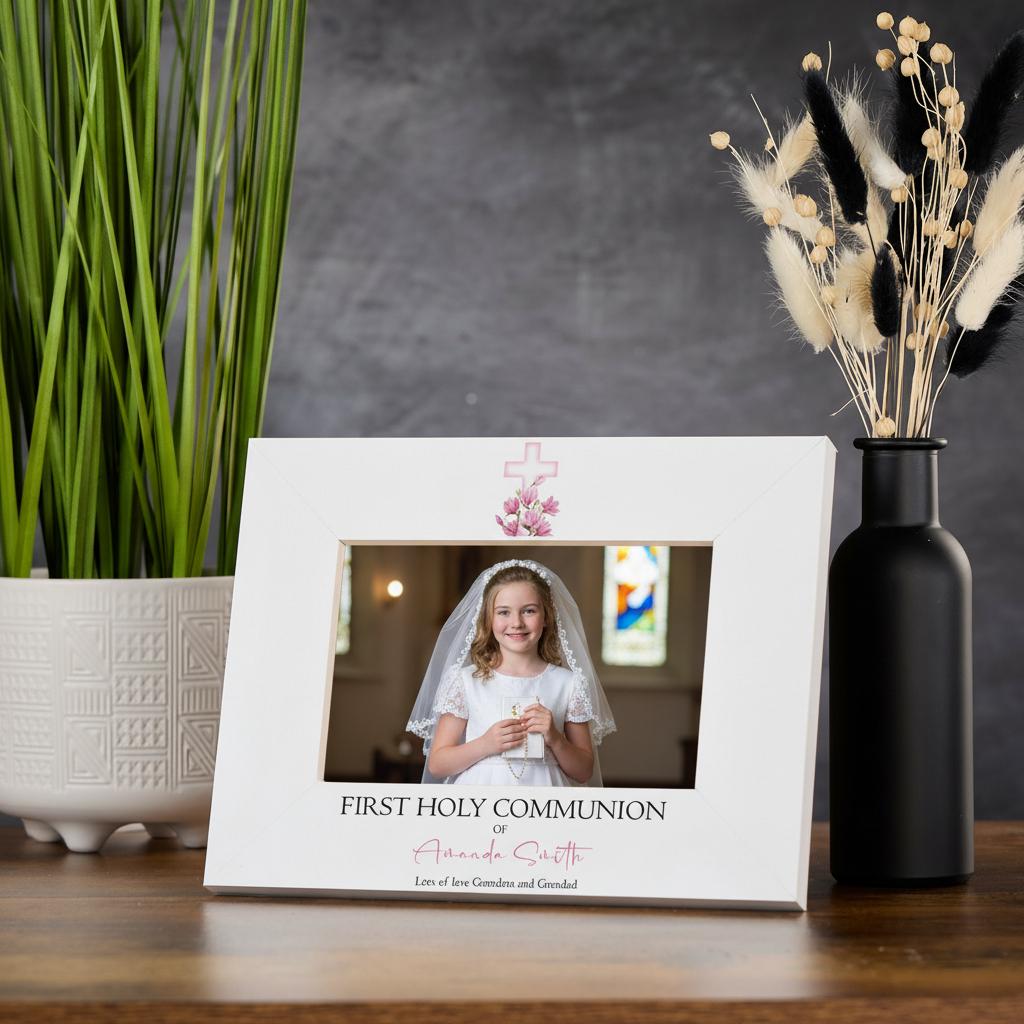 Personalised First Holy Communion Photo Frame Memory Keepsake Gift With Pink Cross ukgiftstoreonline
