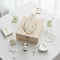 Personalised Wooden Box Keepsake Memory Gift Gentle Floral Design For Christening Baptism Communions and Confirmation