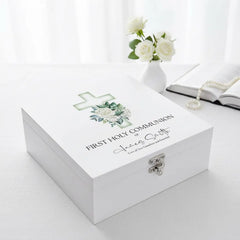 Personalised First Holy Communion Wooden Keepsake Memory Box Green Cross ukgiftstoreonline
