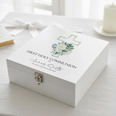 Personalised First Holy Communion Wooden Keepsake Memory Box Green Cross ukgiftstoreonline