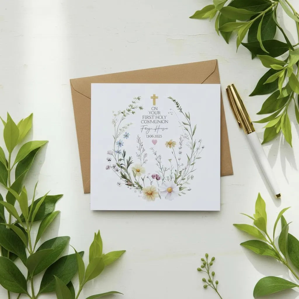 Personalised Luxury Linen First Holy Communion Card - Custom Name & Date, Catholic Card for Girl ukgiftstoreonline