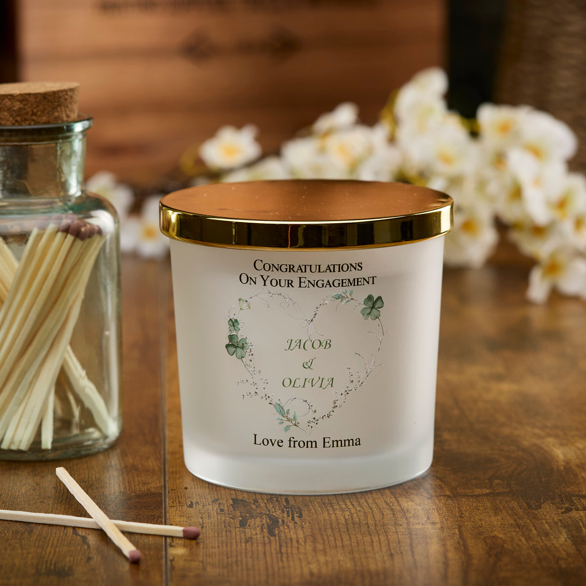 Personalised Large Double Wick Engagement Candle Gift With Green Clover Heart Wreath