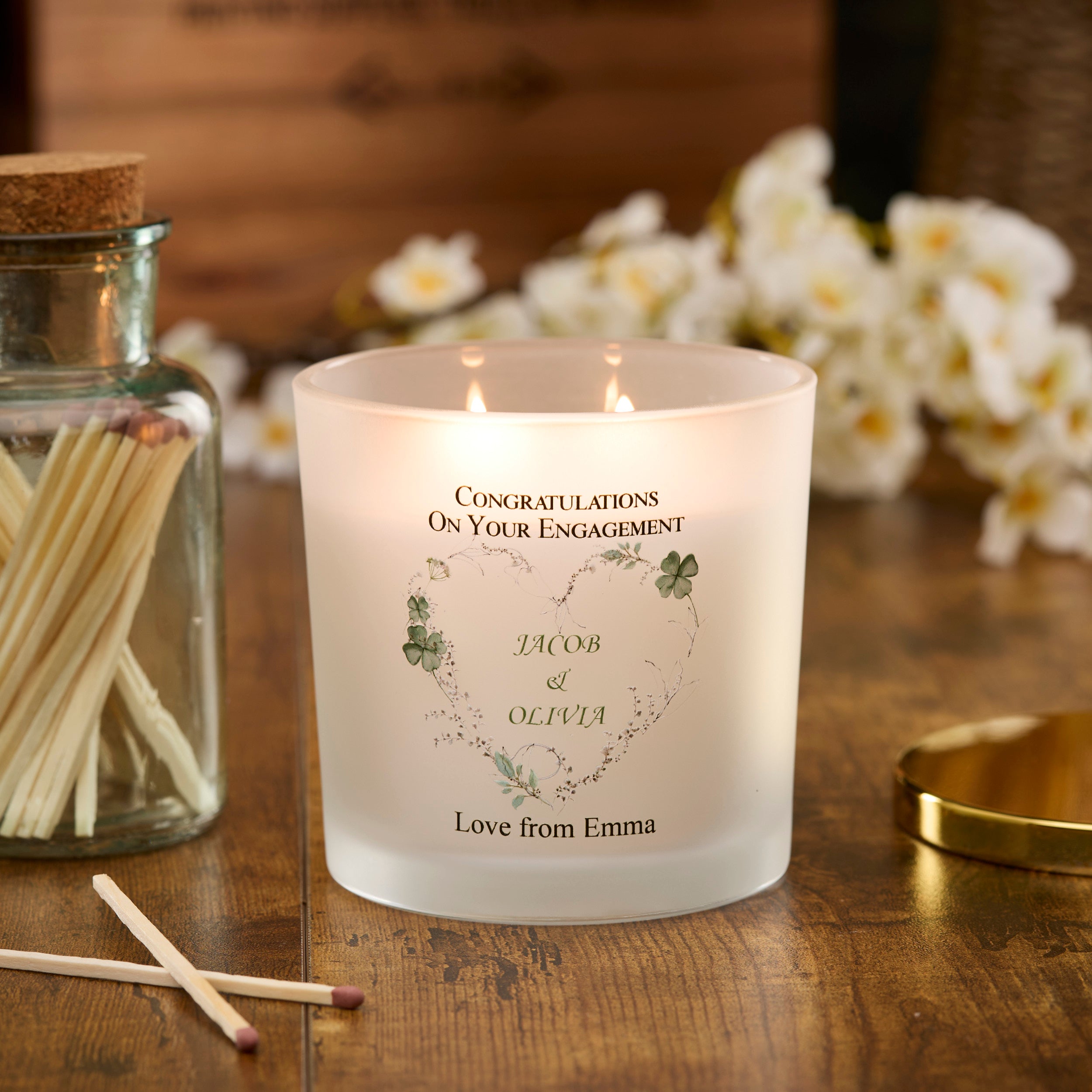 Personalised Large Double Wick Engagement Candle Gift With Green Clover Heart Wreath