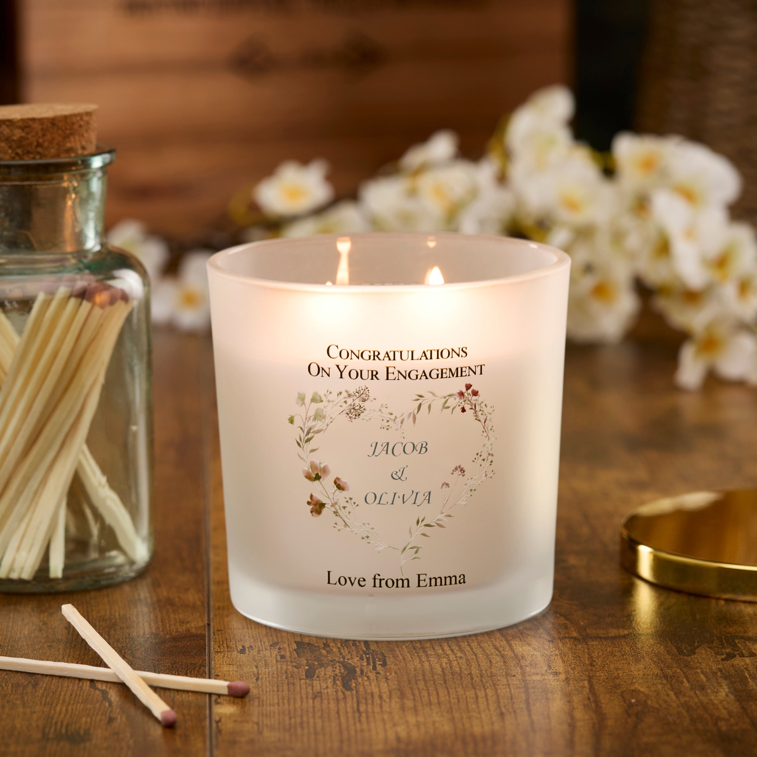 Personalised Large Double Wick Engagement Candle Gift With Watercolour Heart Wreath