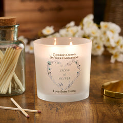 Personalised Large Double Wick Engagement Candle Gift With Dusty Blue Heart Wreath