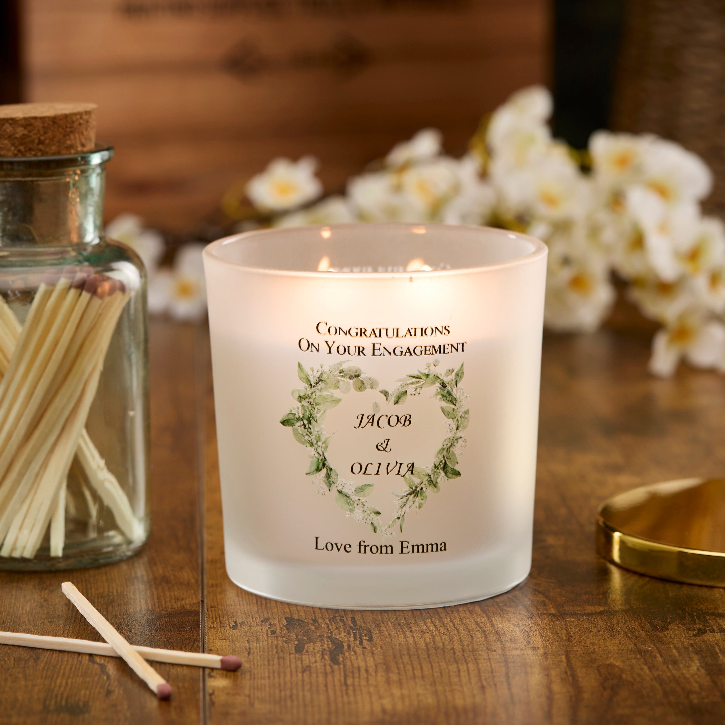 Personalised Large Double Wick Engagement Candle Gift With Floral Heart Wreath