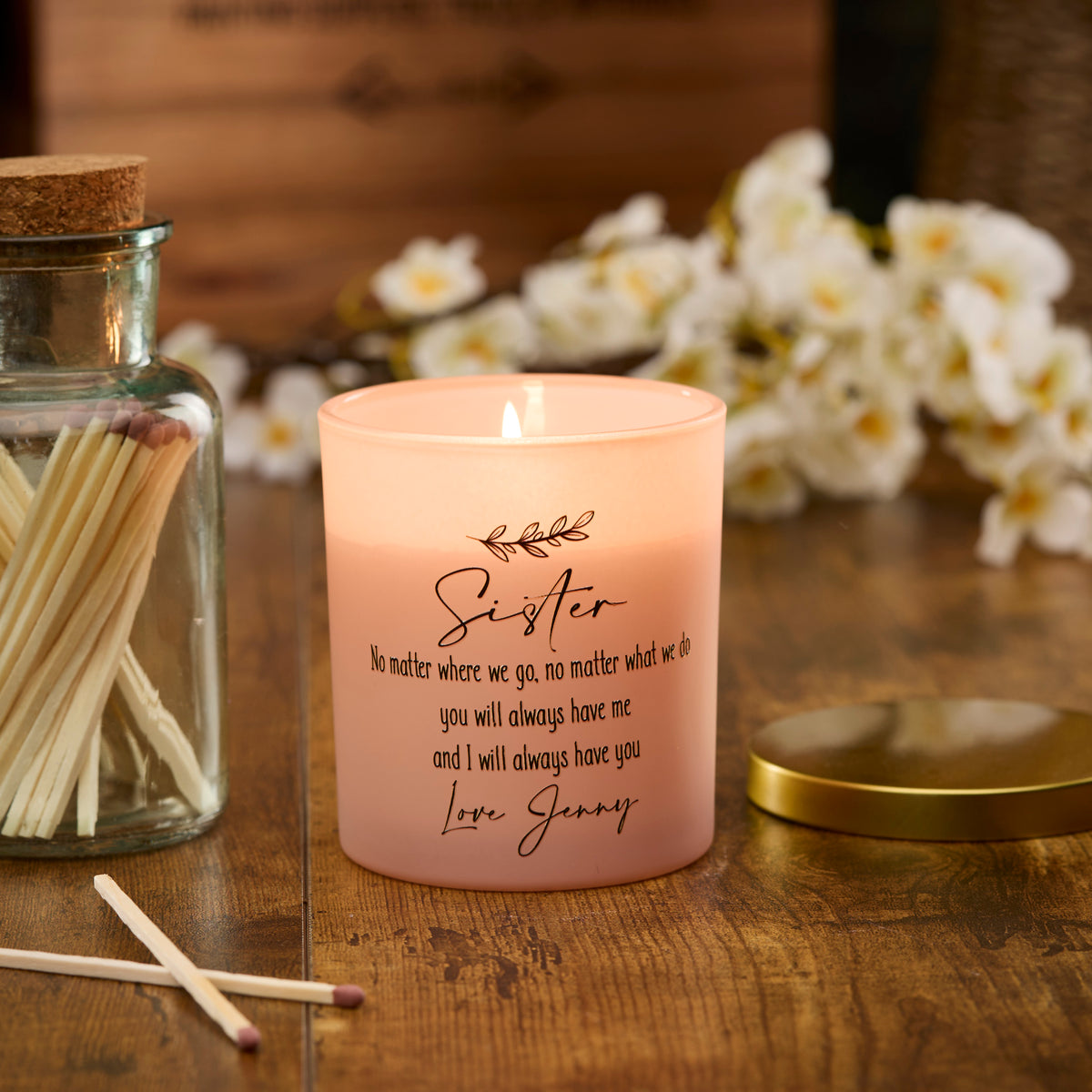 Beautiful Pink Personalised Sister Sentiment Jar Candle Gift For Her