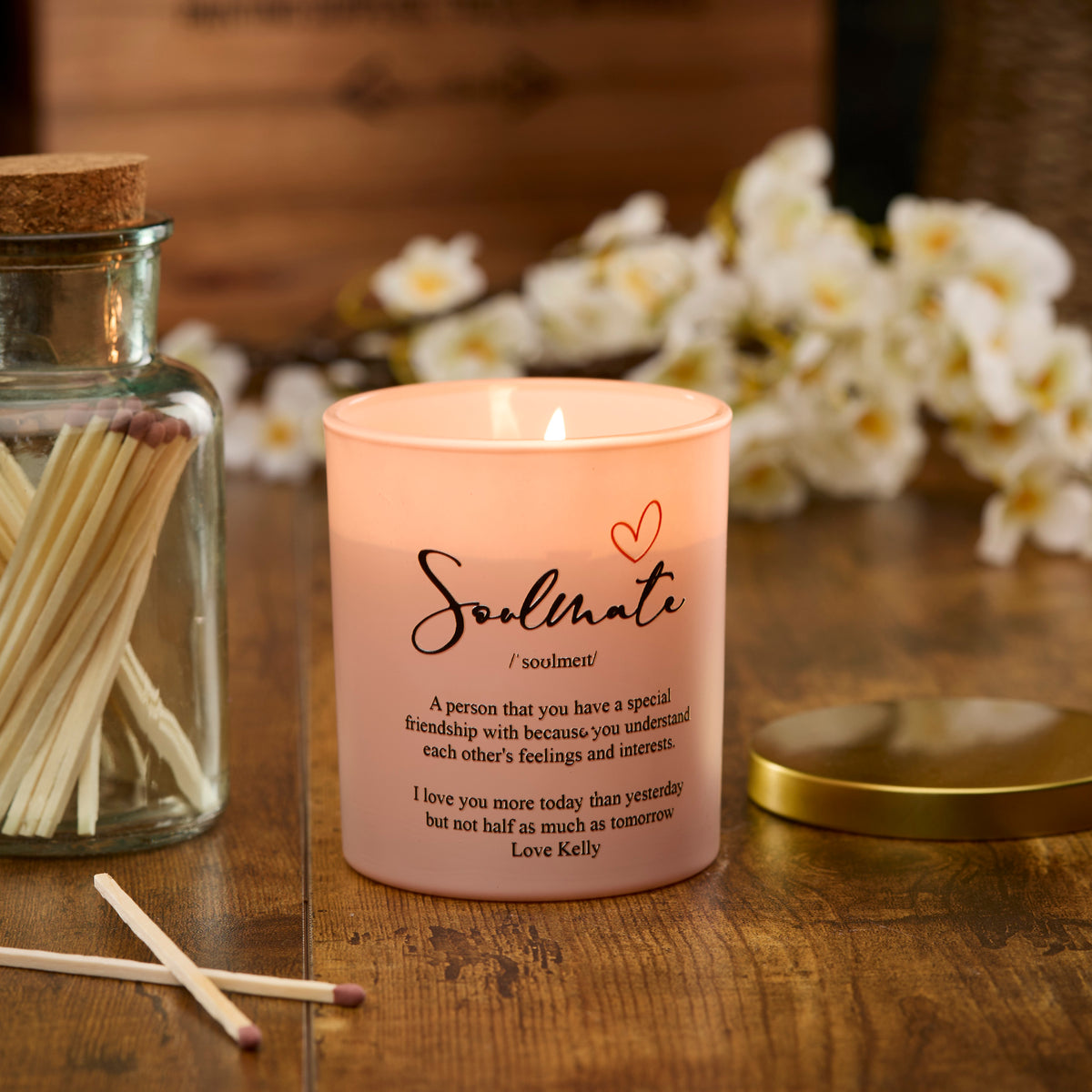 Beautiful Pink Personalised Soulmate Sentiment Jar Candle Gift For Her