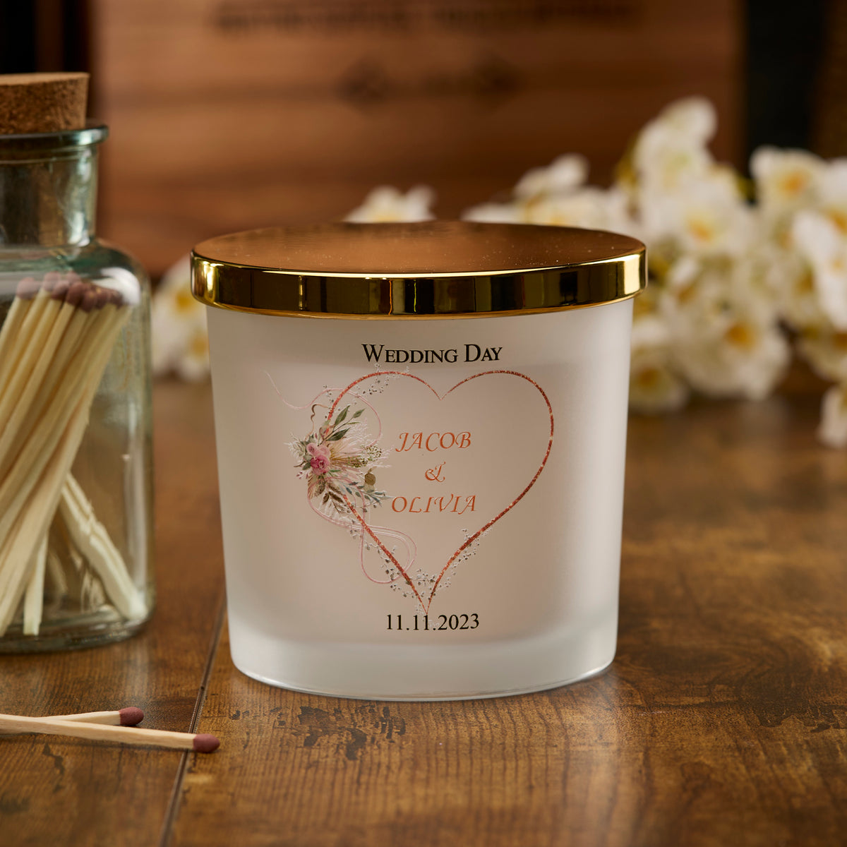 Personalised Large Double Wick Wedding Candle Gift With Rose Gold Heart