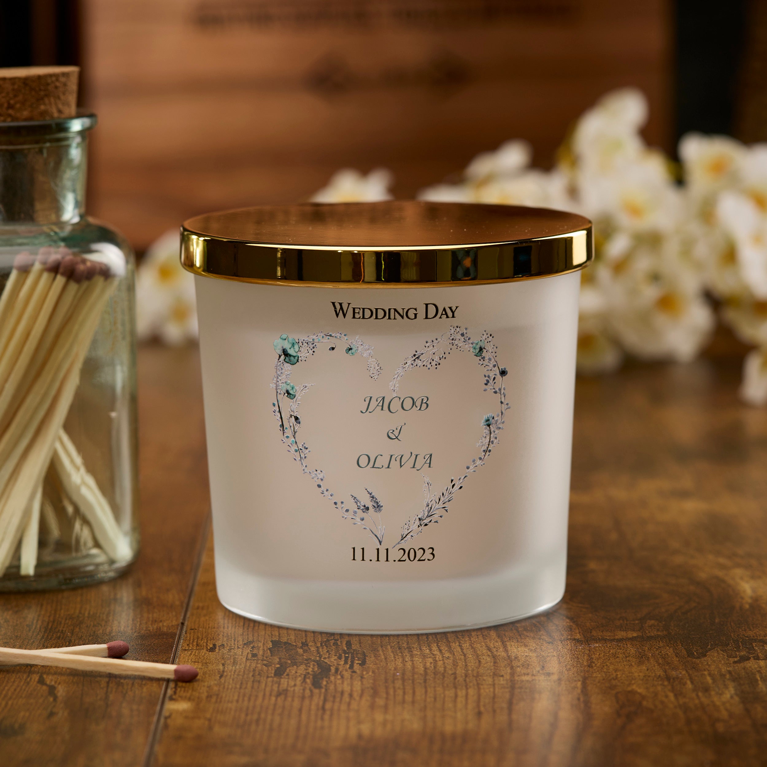 Personalised Large Double Wick Wedding Candle Gift With Dusty Blue Heart