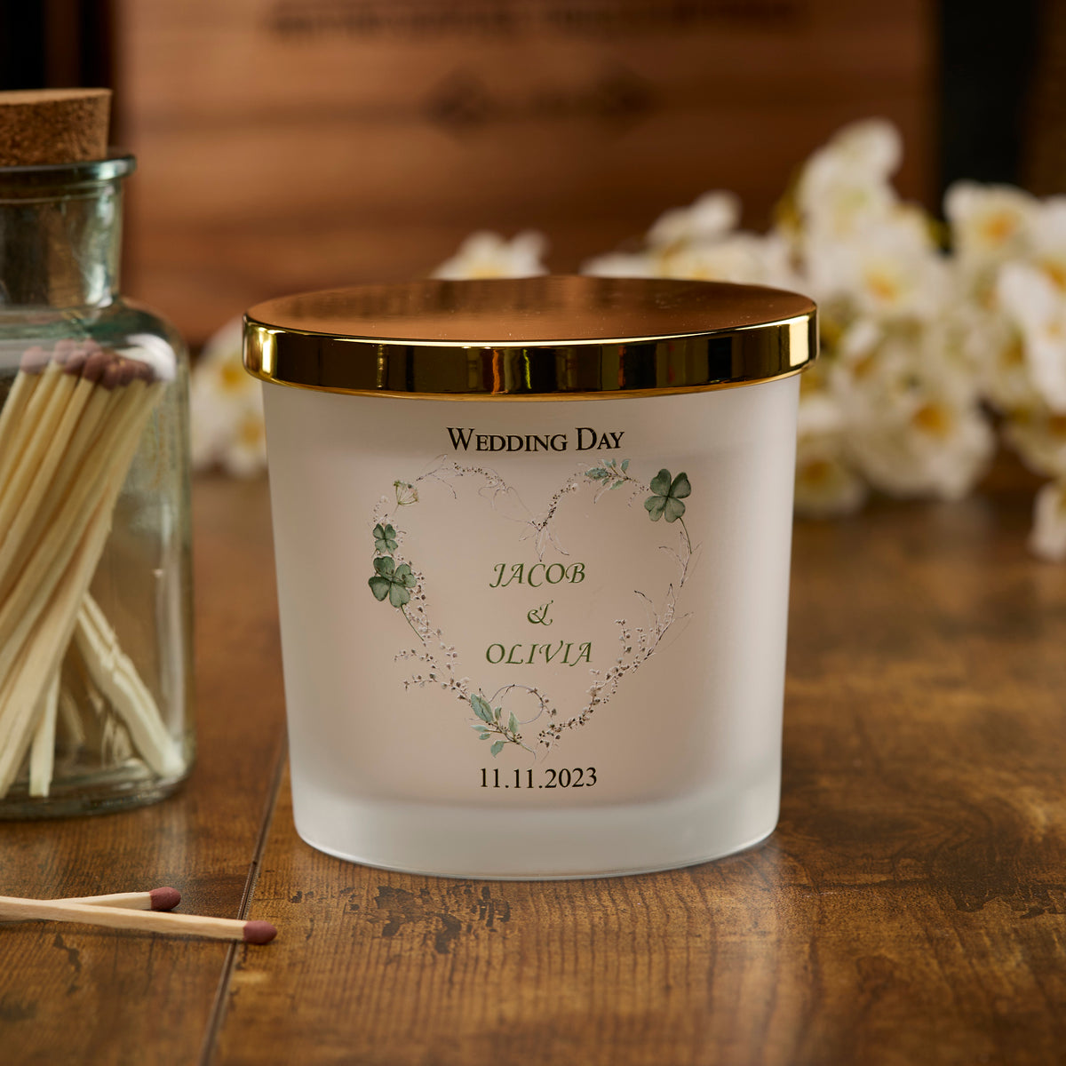 Personalised Large Double Wick Wedding Candle Gift With Green Clover Heart