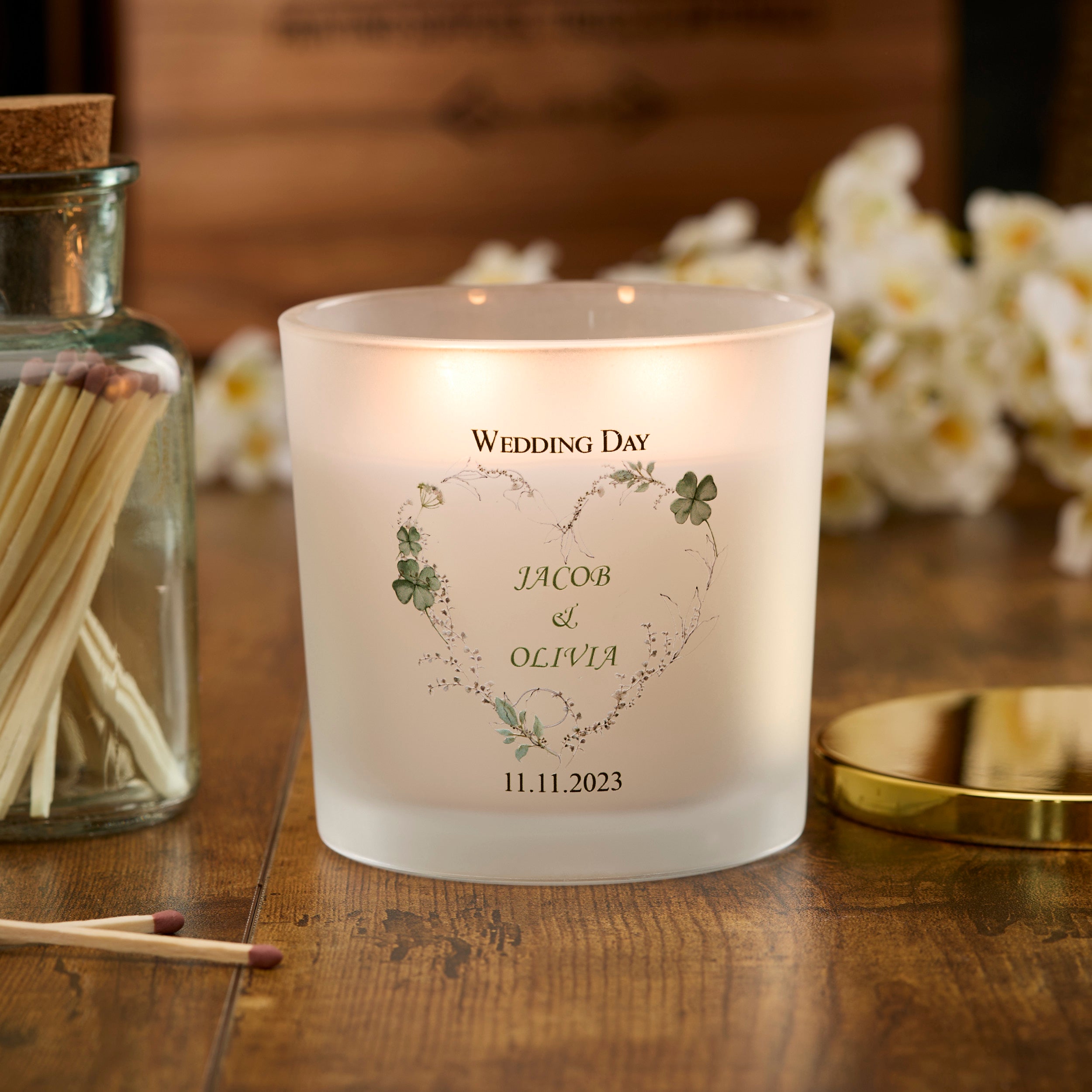 Personalised Large Double Wick Wedding Candle Gift With Green Clover Heart