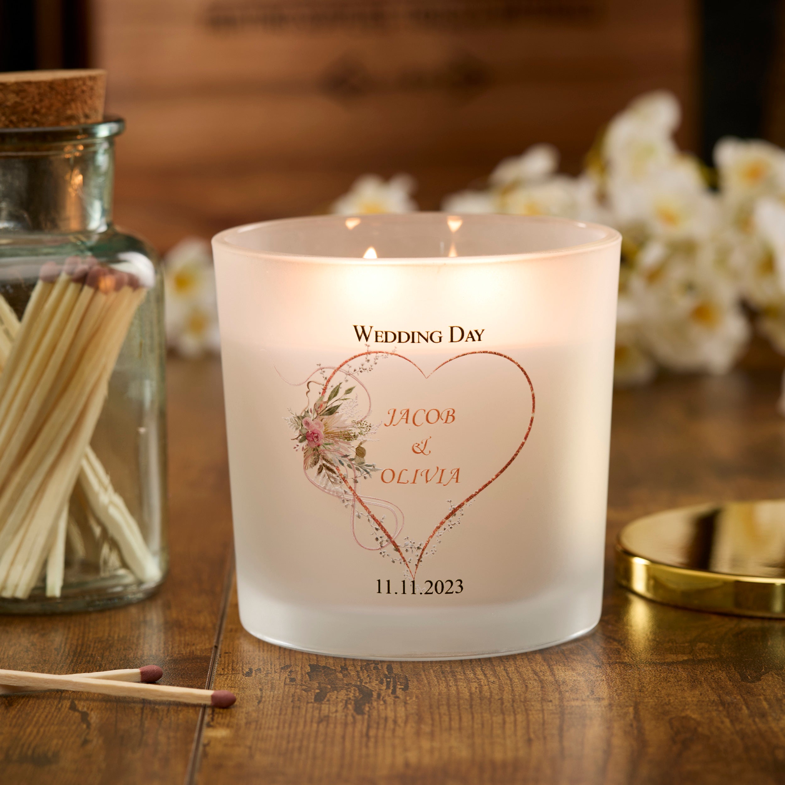 Personalised Large Double Wick Wedding Candle Gift With Rose Gold Heart