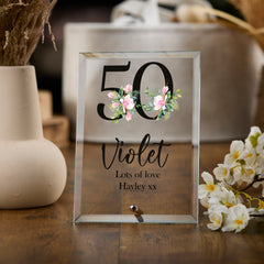 Personalised 50th Birthday Floral Keepsake Gift Glass Plaque Gift