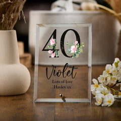 Personalised 40th Birthday Floral Keepsake Gift Glass Plaque Gift