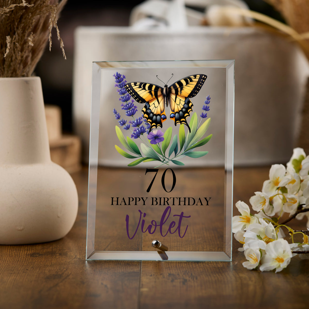 Personalised 70th Birthday Glass Plaque Gift With Butterflies