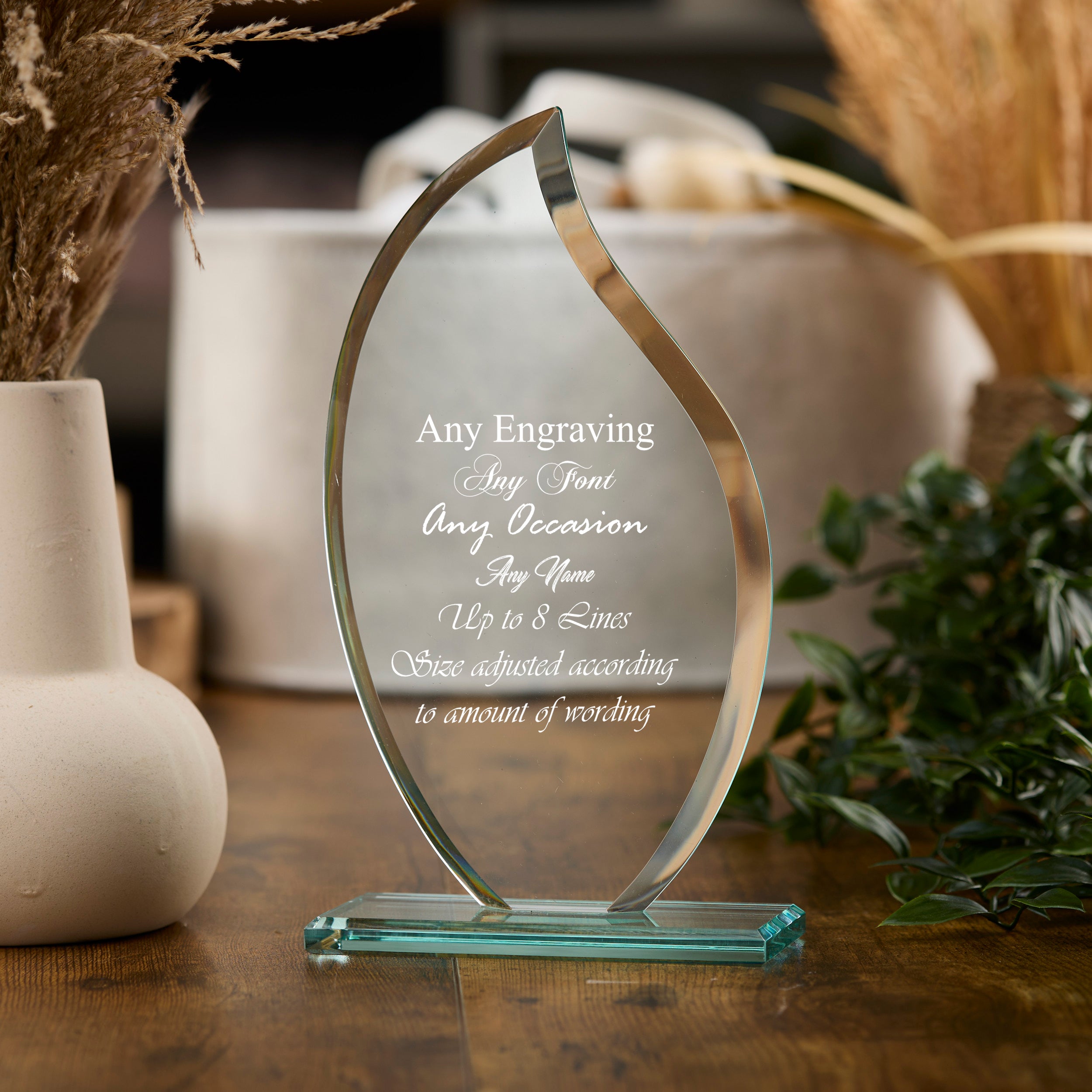 Large 23cm Jade Glass Personalised Flame Shape Trophy Any Engraving