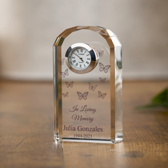 Personalised Condolence Gift Crystal Glass Clock With Butterflies