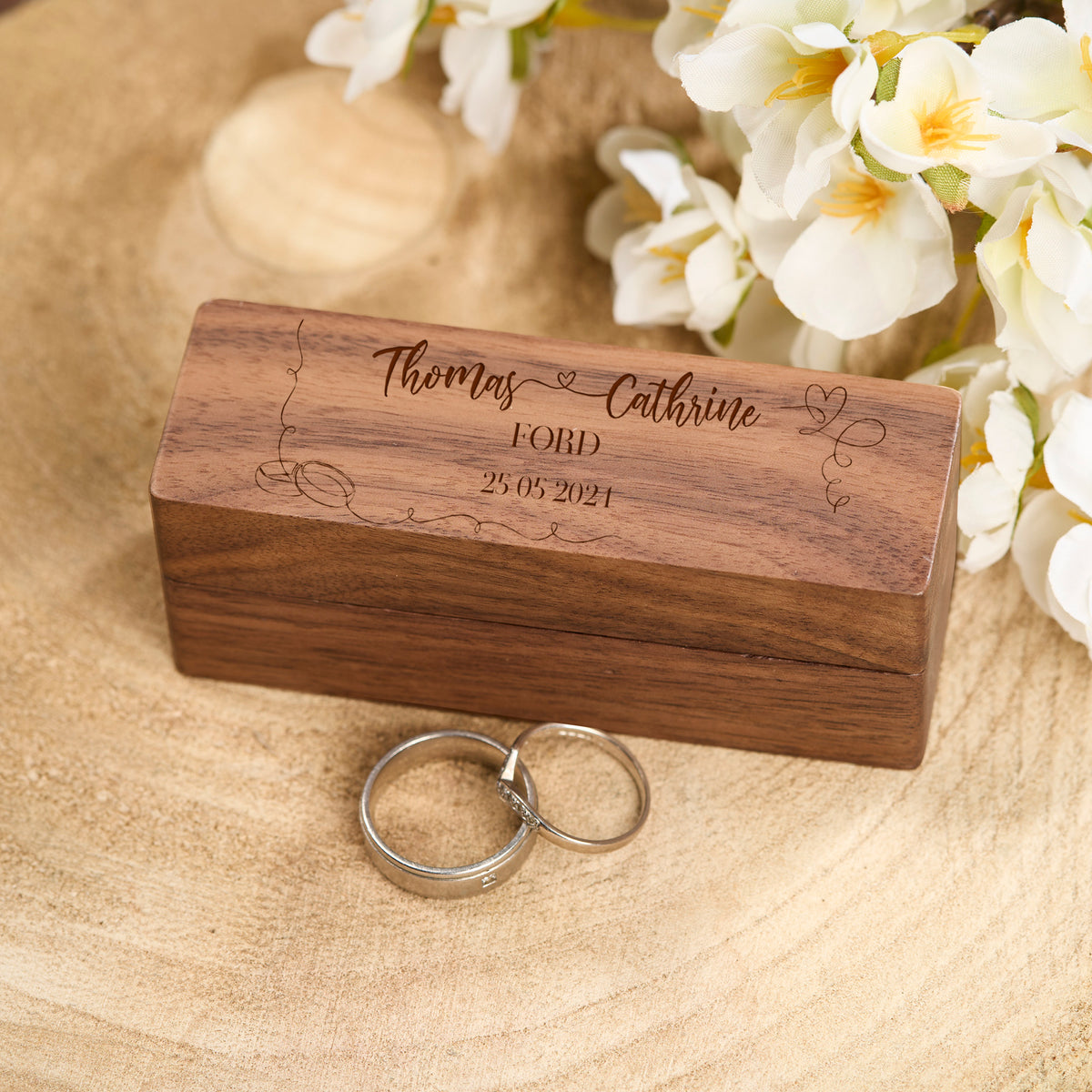 Personalised Long Wedding Ring Box Holder for 2 Rings With Border
