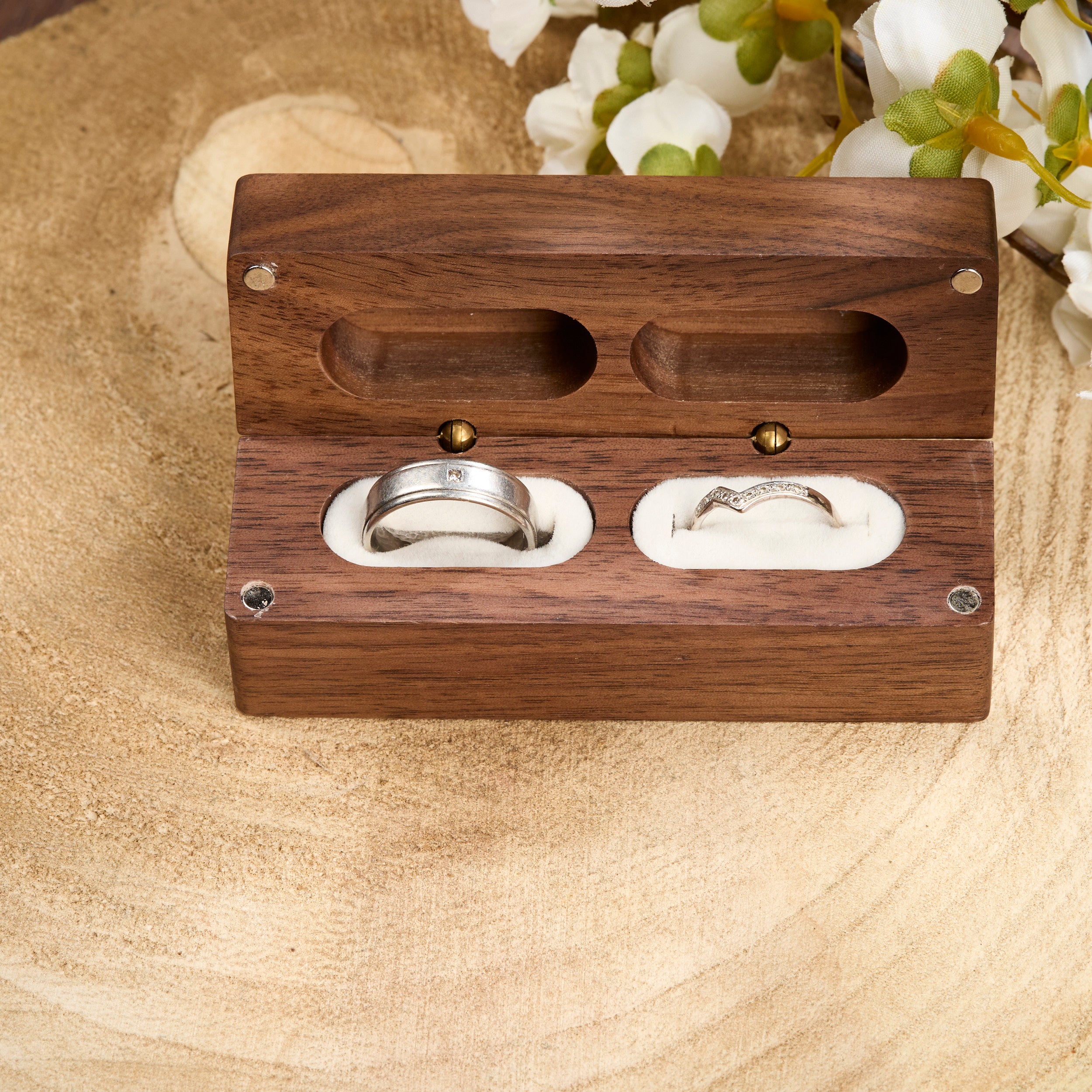 Personalised Long Wedding Ring Box Holder for 2 Rings With Border