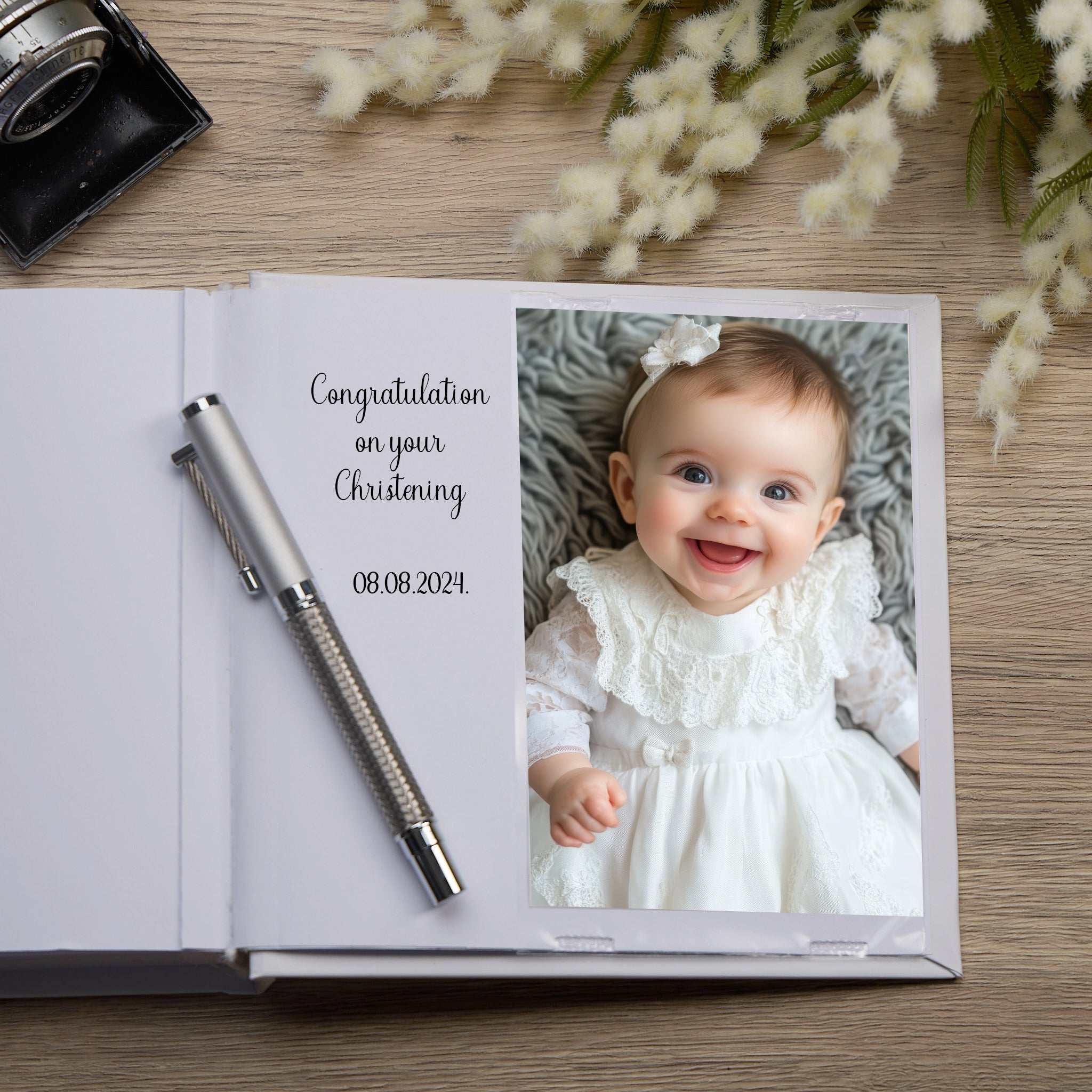 Personalised Christening Photo Album Gift With Cross and Eucalyptus