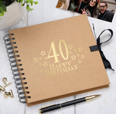 40th Birthday Brown Scrapbook, Guest Book Or Photo Album with Gold Script